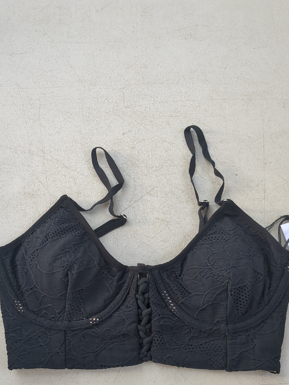 Amuse Society Black Lace Longline Bikini Bralette with Braided Front
